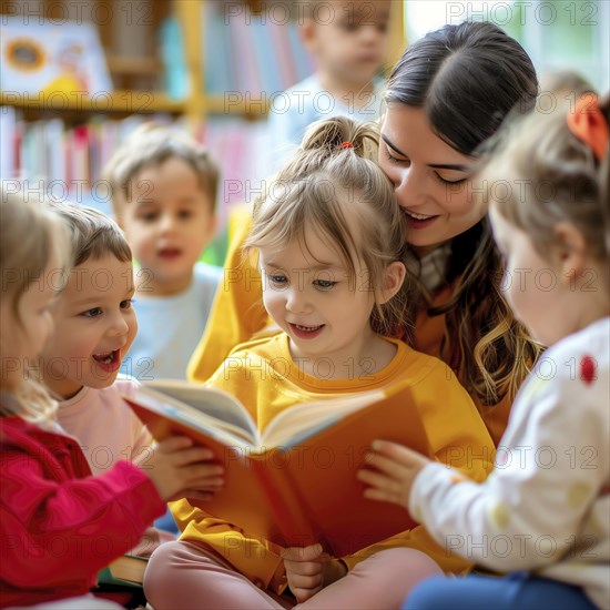 An educator reads to a group of children, all sitting happily in a library, AI generated