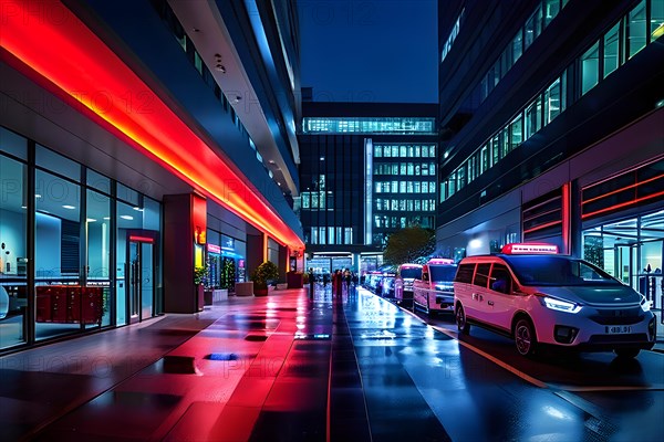 High tech emergency entrance of a modern contemporary hospital bathed in soft led lighting, AI generated, modern, architecture
