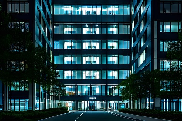 Modern hospital complex at night with lights in various windows, AI generated, modern, architecture