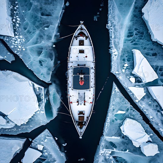Aerial view of churned ice and open water trailing an icebreaker through pristine icy wilderness, AI generated