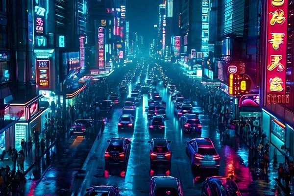 Nighttime cityscape main artery bustling with neon reflections on cars, AI generated