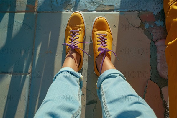 Looking down at yellow sneakers, a personal perspective with blue jeans and textured ground, AI generated
