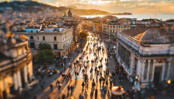 Aerial view of a bustling street at sunset with warm golden light illuminating the scene, rush hour commuting time, sunset, blurry cityscape, bokeh effect, AI generated