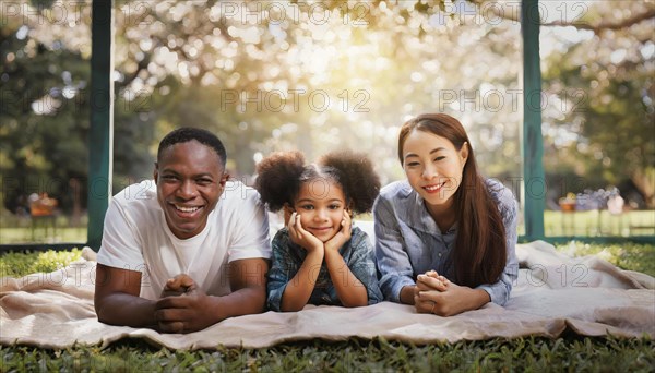 A happy multiracial family enjoying a picnic in a sunny park, AI generated