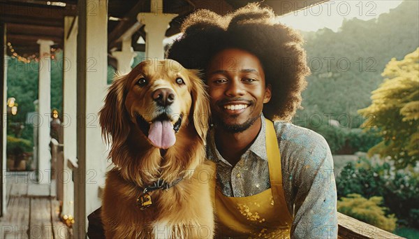 A man and his dog are smiling for the camera. The man is wearing casual the dog is wearing a collar. Scene is happy familiar and friendly AI generated