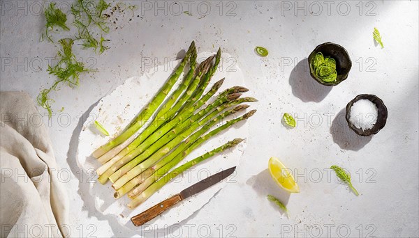 A bright, invigorating image of asparagus on a plate with lemon and cutlery, AI generated, AI generated