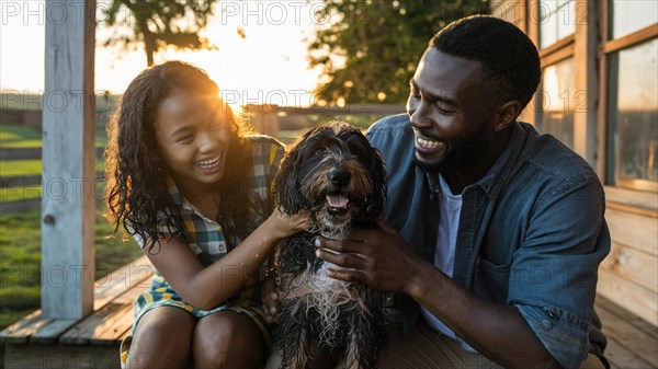 Father and daughter lovingly embracing a wet, happy dog on a porch at sunset, AI generated