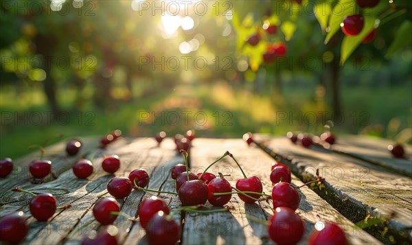 Ripe cherries scattered on a wooden picnic table in the dappled sunlight of a cherry orchard AI generated