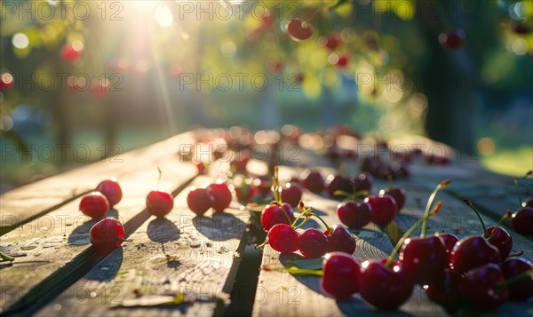 Ripe cherries scattered on a wooden picnic table in the dappled sunlight of a cherry orchard AI generated