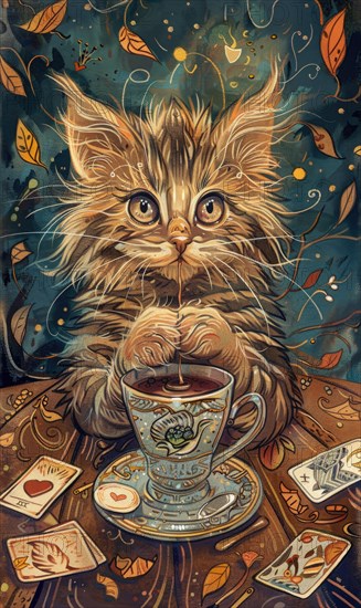 A cat is sitting on a table with a cup of tea and playing cards. The cat appears to be enjoying its tea and the game of cards AI generated