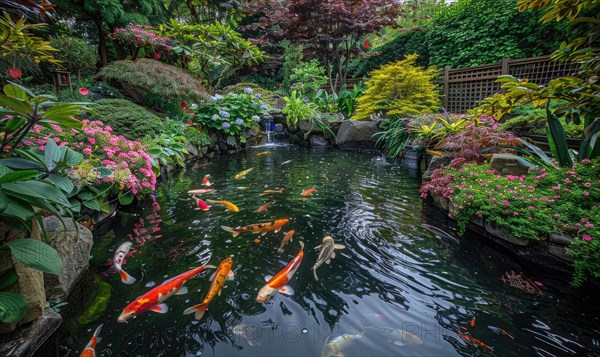 A tranquil koi pond surrounded by lush vegetation and blooming flowers AI generated