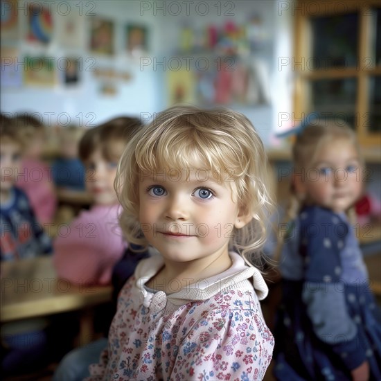Girl with blue eyes looks curiously into the camera in a day care centre, KI generiert, AI generated