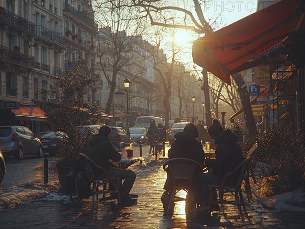 Menschen entspannen sich in einem Cafe im Freien waehrend eines winterlichen Sonnenuntergangs in Paris, Lifestyle in Paris, Frankreich, AI generiert, AI generated