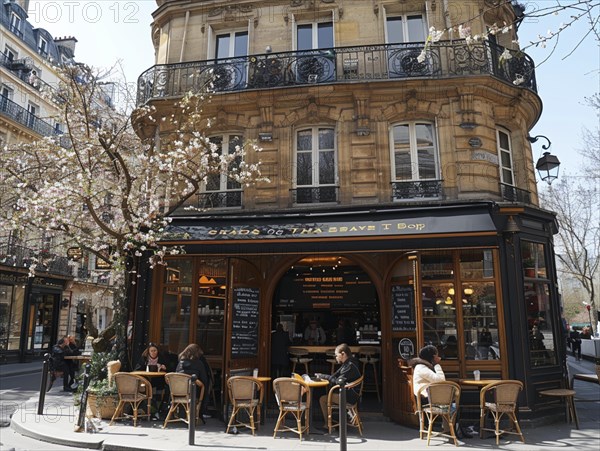 Gemuetliche Cafe-Terrasse mit Blick auf einen bluehenden Baum und Pariser Architektur, Lifestyle in Paris, Frankreich, AI generiert, AI generated