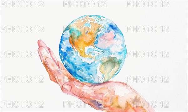 Watercolor illustration of a hand holding a globe Earth, white background AI generated
