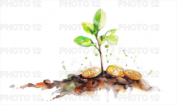Watercolor illustration of money coins growing on a tree sprout AI generated