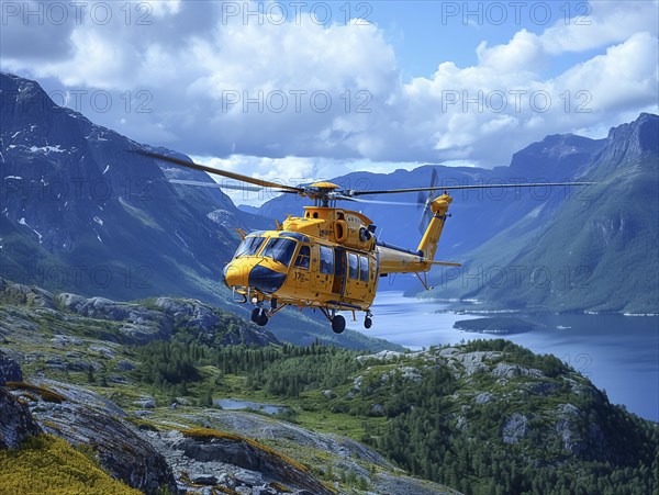 Ein gelber Rettungshubschrauber im Flug vor einer Bergkulisse mit einem See im Hintergrund, Rettungshubschrauber im Einsatz, AI generiert, AI generated