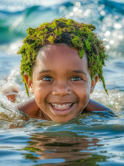 Playful child in water with a natural moss headpiece, lit by sunlight reflections, earth day concept, AI generated