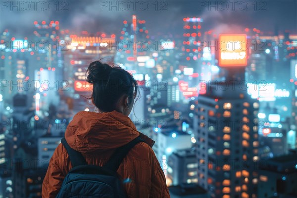 Woman overlooking a cityscape at night with lights and skyscrapers, AI generated