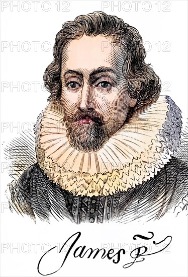 King James I of England 1566 to 1625, King of England, Ireland and, as James VI, of Scotland. Portrait and signature, Historical, digitally restored reproduction from a 19th century original, Record date not stated