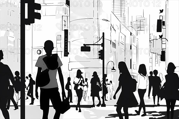 Monochrome silhouette of an urban scene with anonymous pedestrians crossing a busy city street, illustration, AI generated