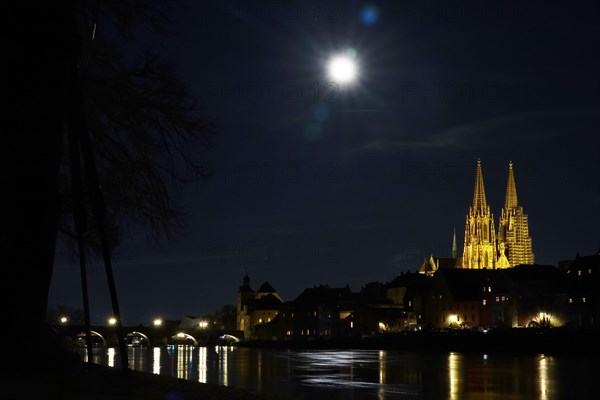Regensburg, view of St Peter's Cathedral, moonlit night, Bavaria, Germany, Europe