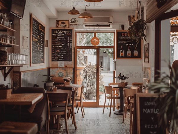 Cozy cafe interior with wooden chairs, menu boards, and a warm, rustic ambiance, coffee shop, Rome, Italy, AI generated, Europe