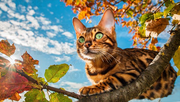 KI generated, animal, animals, mammal, mammals, cat, felidae (Felis catus), a cat resting on a branch in a tree, autumn