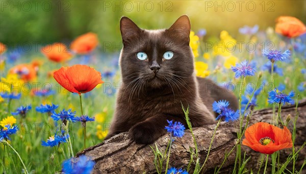 KI generated, animal, animals, mammal, mammals, cat, felidae (Felis catus), lying in a meadow with flowers, cornflowers, poppies