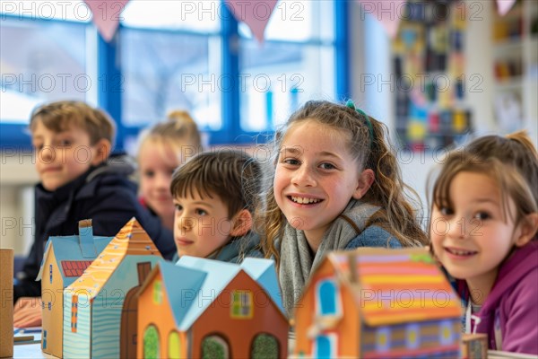 Pupils in a classroom with model houses made from cardboard, visual arts lessons, AI generated, AI generated, AI generated