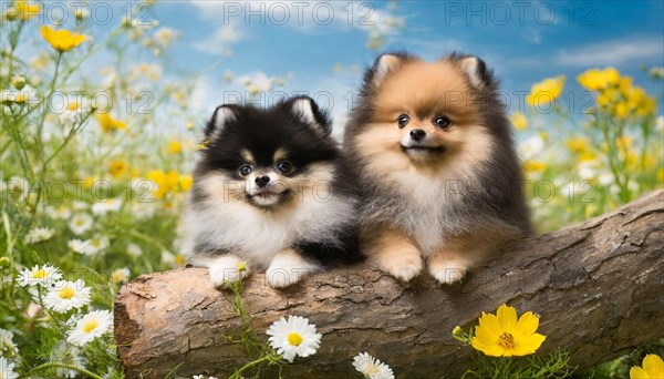 Ai generated, animal, animals, mammal, mammals, a, single animal, dwarf spitz, Spitz, (Canis lupus familiaris), dog, dogs, bitch, Pomeranians, a bitch and a puppy lying on a tree trunk in summer, flower meadow