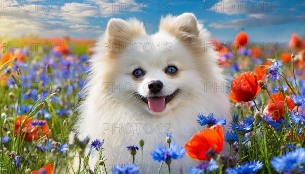 KI generated, animal, animals, mammal, mammals, one, single animal, dwarf spitz, Spitz, (Canis lupus familiaris), dog, dogs, bitch, Pomeranians, flower meadow with poppies and cornflowers