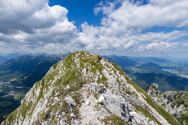 Panorama from the Saeuling, 2047m, on Reutte in Tyrol, Austria, and Fuessen, Ostallgaeu, Bavaria, Germany, Europe