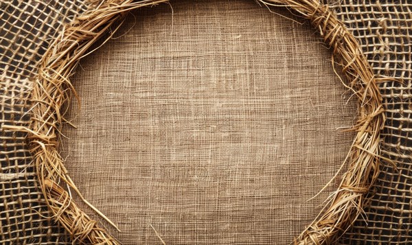 Delicate jute frame on minimalistic natural material, space for text, ecology nature background AI generated