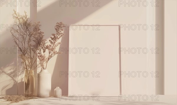 Flat background with blank poster mockup and dry grass in vase AI generated