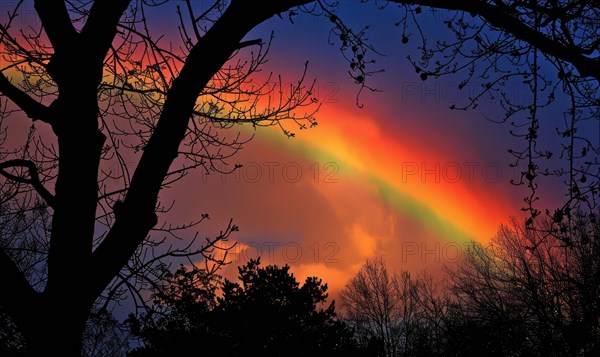 Colorful rainbow after spring rain, rainbow on dark cloudy sky AI generated