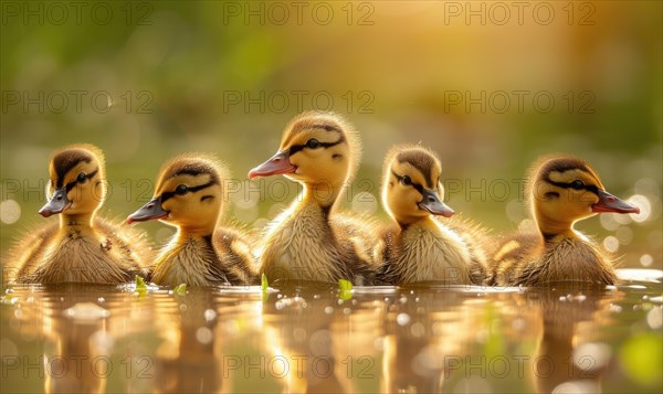 Ducklings swimming in a pond, close up view AI generated