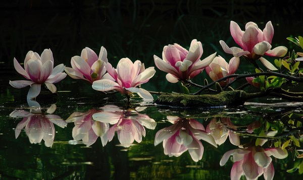 Magnolia blossoms reflected in the still waters of a tranquil pond. Magnolia blossoms touch water surface AI generated