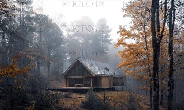 Morning mist enveloping a contemporary wooden cabin hidden deep within a spring garden filled with blooming irises and lilies AI generated