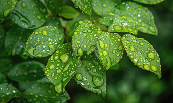 Raindrops on fresh green leaves, close up view of spring green leaves, nature background AI generated