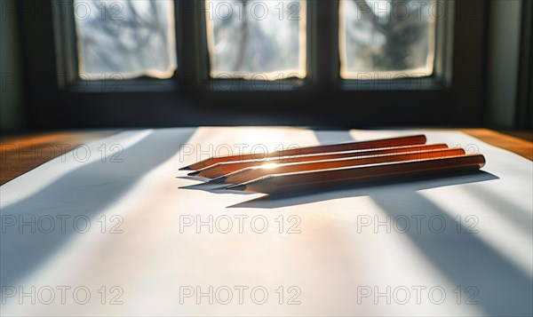 Graphite pencils and white paper illuminated by natural through a window AI generated