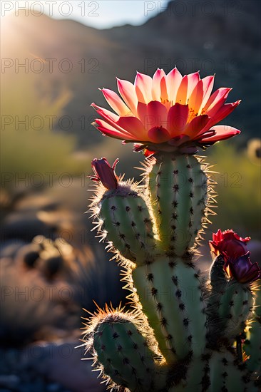 Saguaro cactus with vibrant flower in full bloom in early morning light, AI generated