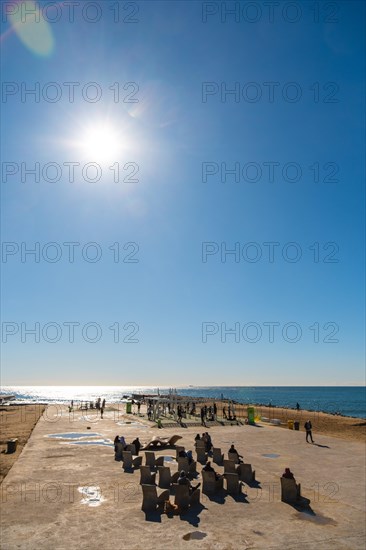 Benches and gym on the beach in Barcelona, Spain, Europe