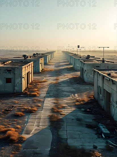 Aerial view of deserted military base featuring empty barracks and abandoned tanks in silent, AI generated