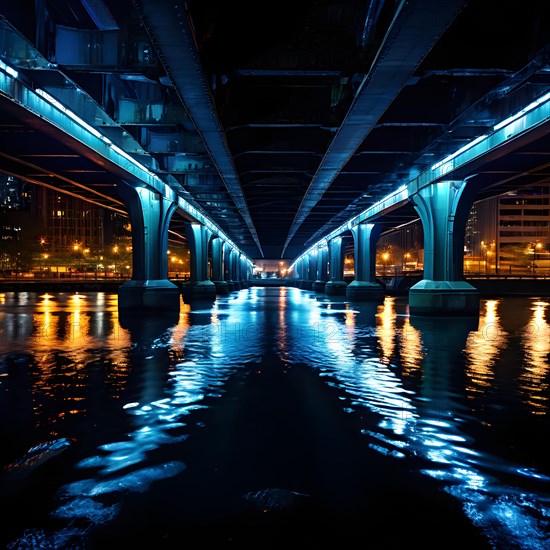 City bridges come alive under the glow of car headlights water underneath reflecting the luminescence, AI generated