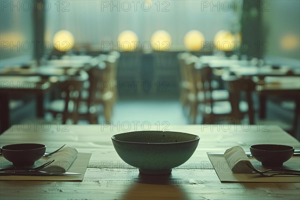 Dimly lit restaurant interior with empty bowls on wooden tables and glowing warm lights, AI generated