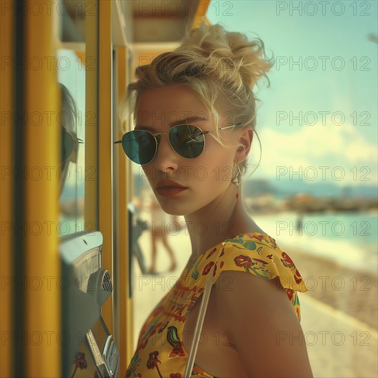 Young woman in summer clothes using a phone box, in the background you can see a beach, AI generated
