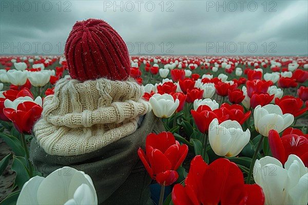 Child in warm clothing sitting amidst a vibrant field of red and white tulips under a cloudy sky, AI generated