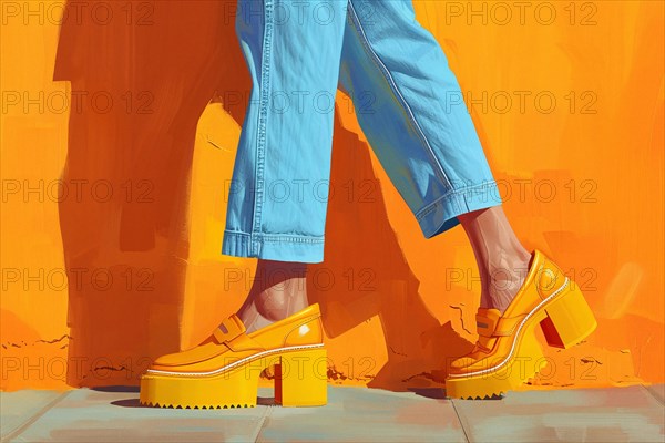 Casual style with blue jeans and yellow platform shoes casting a shadow, AI generated