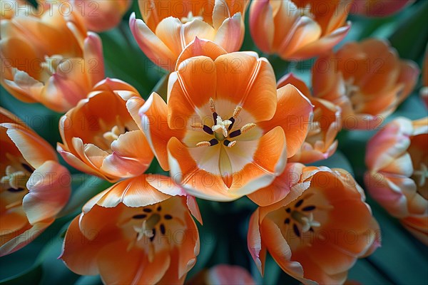 Close-up of vibrant orange tulips with a blurred background conveying the arrival of spring, AI generated